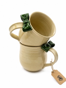 Uroczy kubek ceramiczny z koralową lub zieloną kokardką ok 450ml