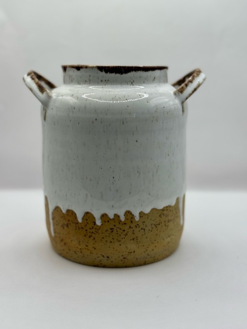 Wazon ceramiczny z uchami 16 cm biało-beżowy nakrapiany